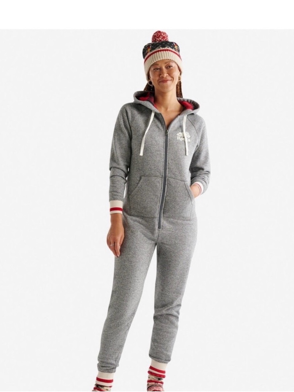 Roots Gray Zip-Up Hoodie Jumpsuit with Red Trim